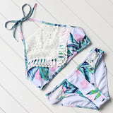 Halter Bandage Swimwear Women Bikinis Lace Patchwork Swimsuits Push-Up High Neck Bikini Set Beach Biquini  Swimming Suit